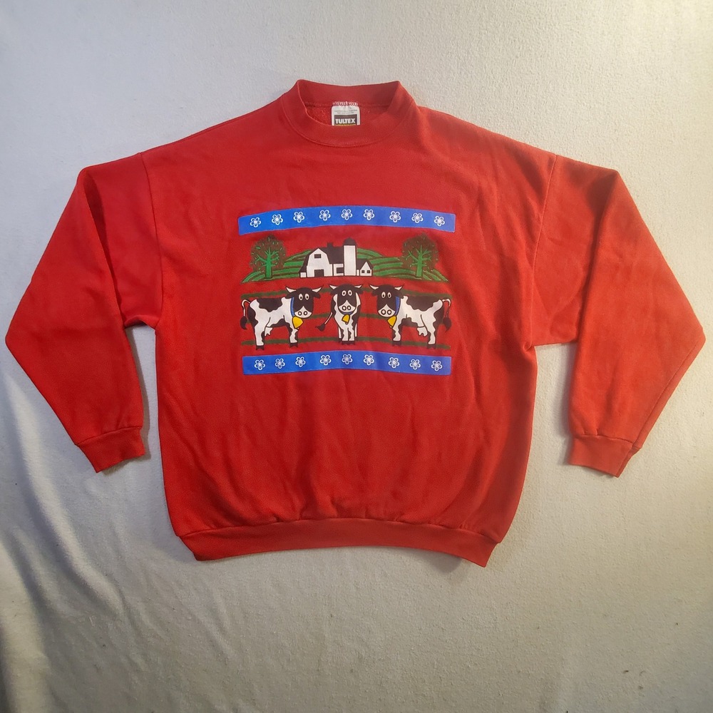 Vintage 80s Tultex XL Red Cow Barn Farm Country Crewneck Sweatshirt USA Pullover